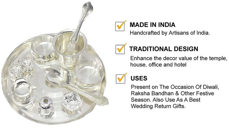BENGALEN Silver Plated Pooja Thali Set 8 Inch Festival Ethnic Puja Thali Gift for Diwali Home Temple Office Wedding Return Gift Items - Image 3